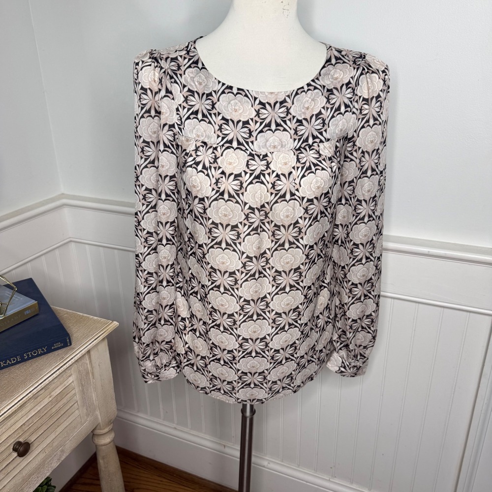 Loft Ann Taylor Womens XS Floral Geometric Long Sleeve Blouse Black Tan NWT